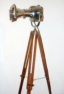 1950'S VINTAGE THEATRE SPOT LIGHT BY STRAND OF LONDON ON A WOODEN TRIPOD FROM BBC STUDIOS - The Vintage Lighting Company LTD