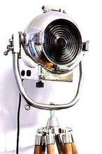 1950's BRITISH FILM SPOT LIGHT PRESENTED ON A WOODEN TRIPOD - The Vintage Lighting Company LTD