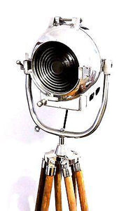 1950's BRITISH FILM SPOT LIGHT PRESENTED ON A WOODEN TRIPOD - The Vintage Lighting Company LTD