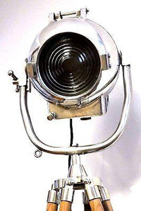 1950's BRITISH FILM SPOT LIGHT PRESENTED ON A WOODEN TRIPOD - The Vintage Lighting Company LTD