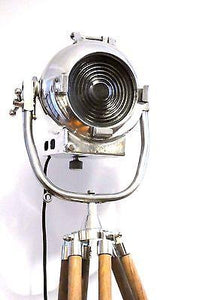 1950's BRITISH FILM SPOT LIGHT PRESENTED ON A WOODEN TRIPOD - The Vintage Lighting Company LTD