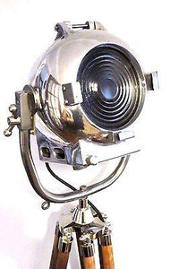 1950's BRITISH FILM SPOT LIGHT PRESENTED ON A WOODEN TRIPOD - The Vintage Lighting Company LTD