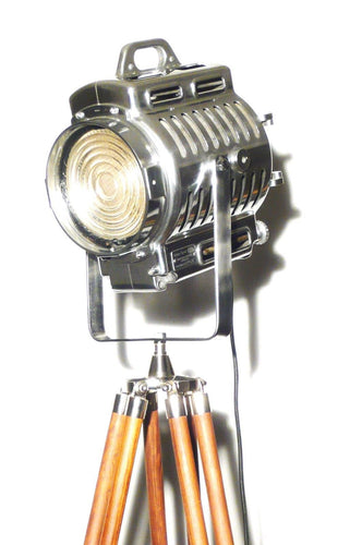 1940's ARNOLD & RICHTER MUNICH ANTIQUE FILM SPOT LIGHT PRESENTED ON A WOODEN TRIPOD - The Vintage Lighting Company LTD