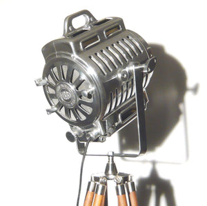 1940's ARNOLD & RICHTER MUNICH ANTIQUE FILM SPOT LIGHT PRESENTED ON A WOODEN TRIPOD - The Vintage Lighting Company LTD