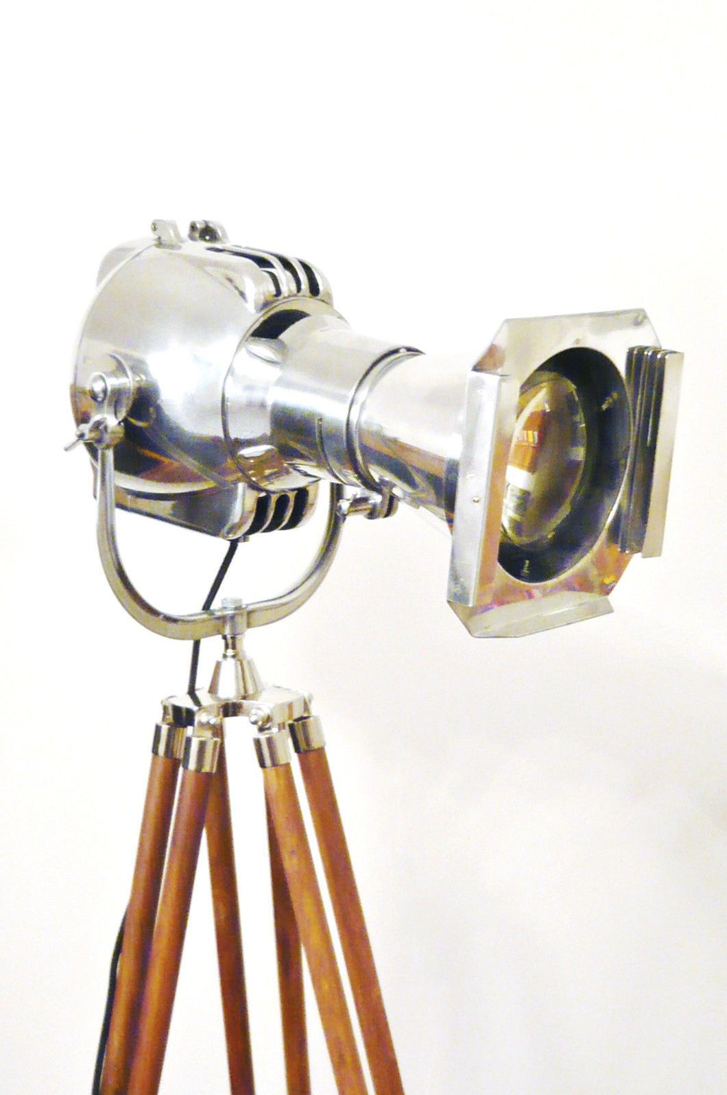 1950'S VINTAGE THEATRE SPOT LIGHT BY STRAND OF LONDON ON A WOODEN TRIPOD FROM BBC STUDIOS - The Vintage Lighting Company LTD